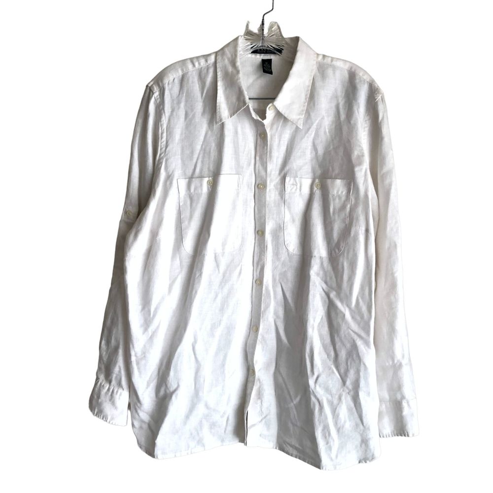 Lauren Ralph Lauren Women's 100% Linen Blouse Shirt Plus 1X Beige Tunic Long Slv